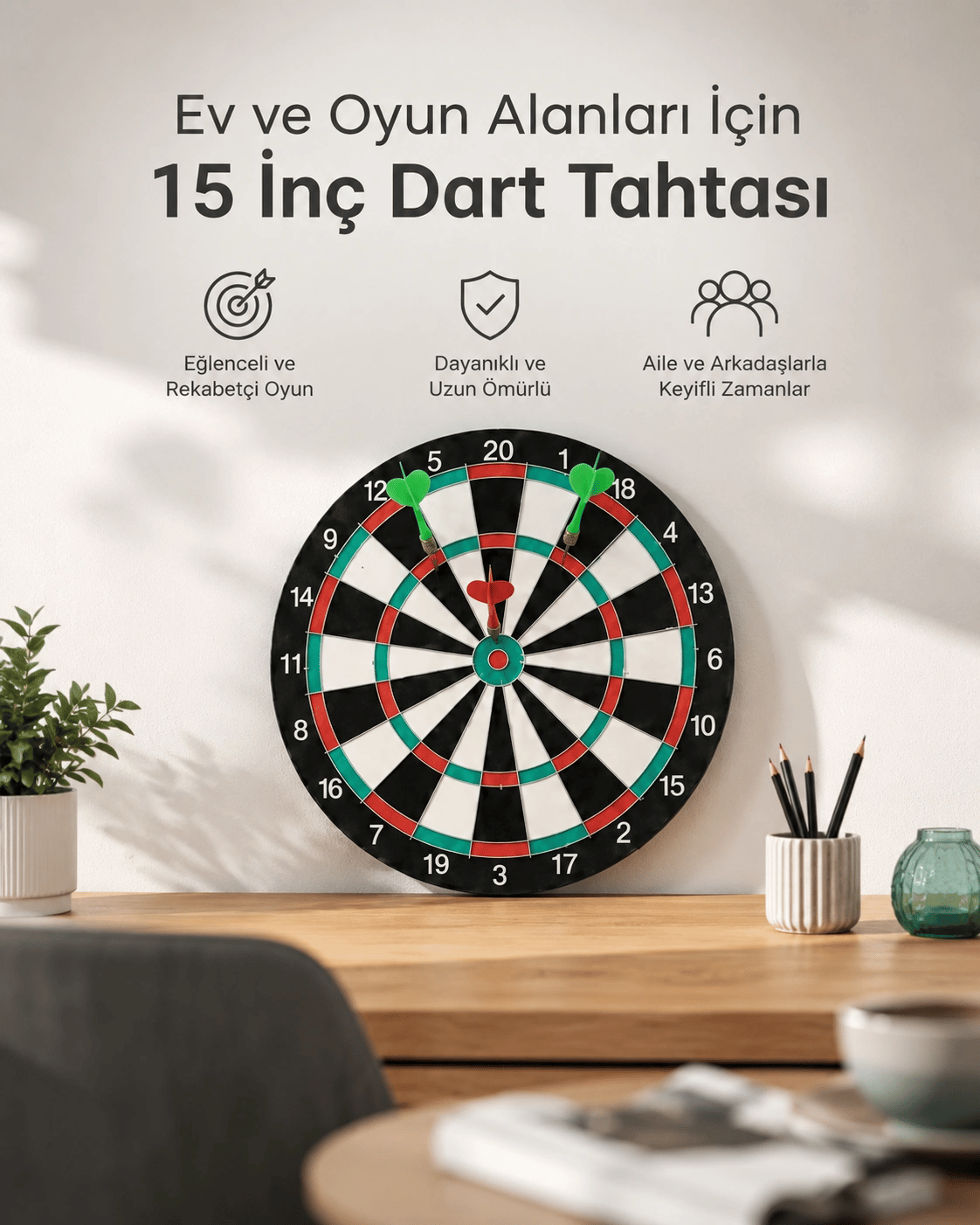 15 İnç Büyük Boy Dart Tahtası Ev Oyun Seti 4 Adet Metal Uç Oklu