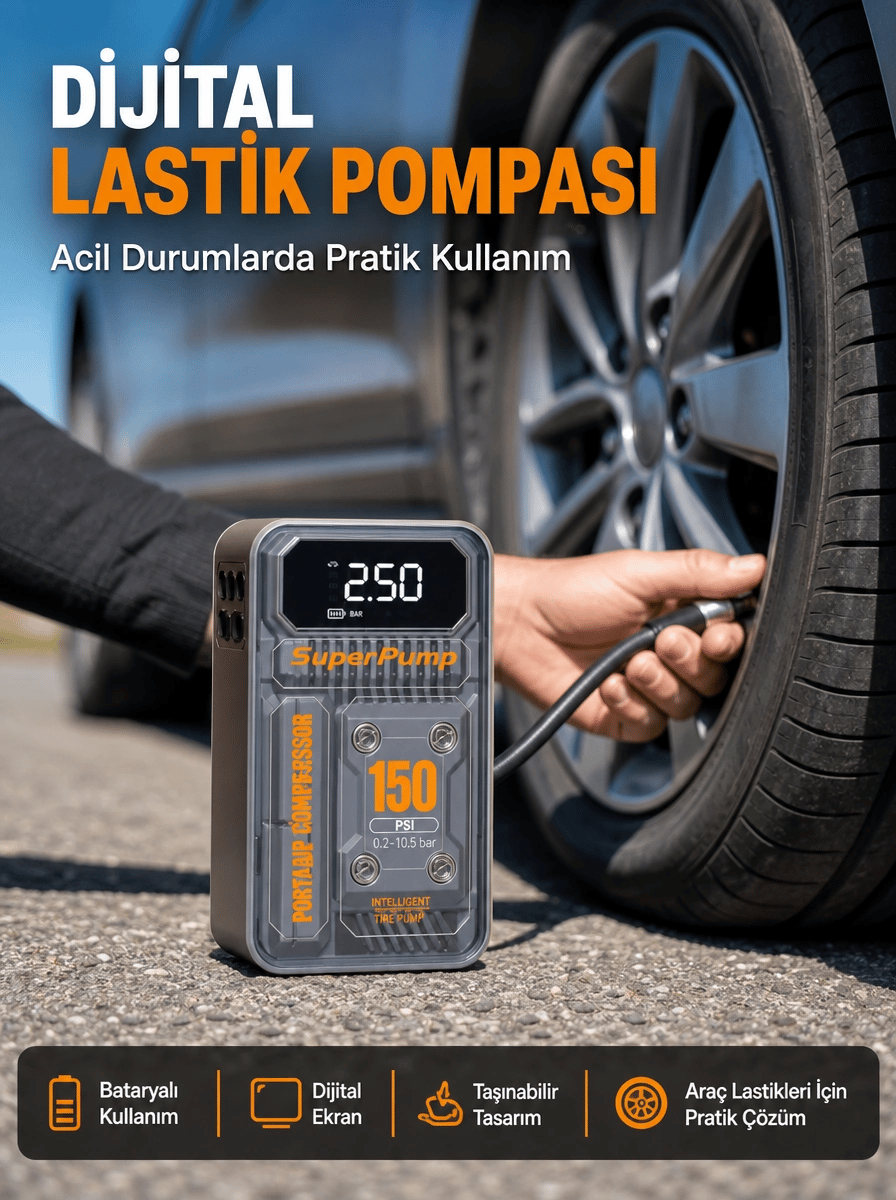 150 PSI Kablosuz Dijital Ekranlı Taşınabilir Araç Lastik Pompası
