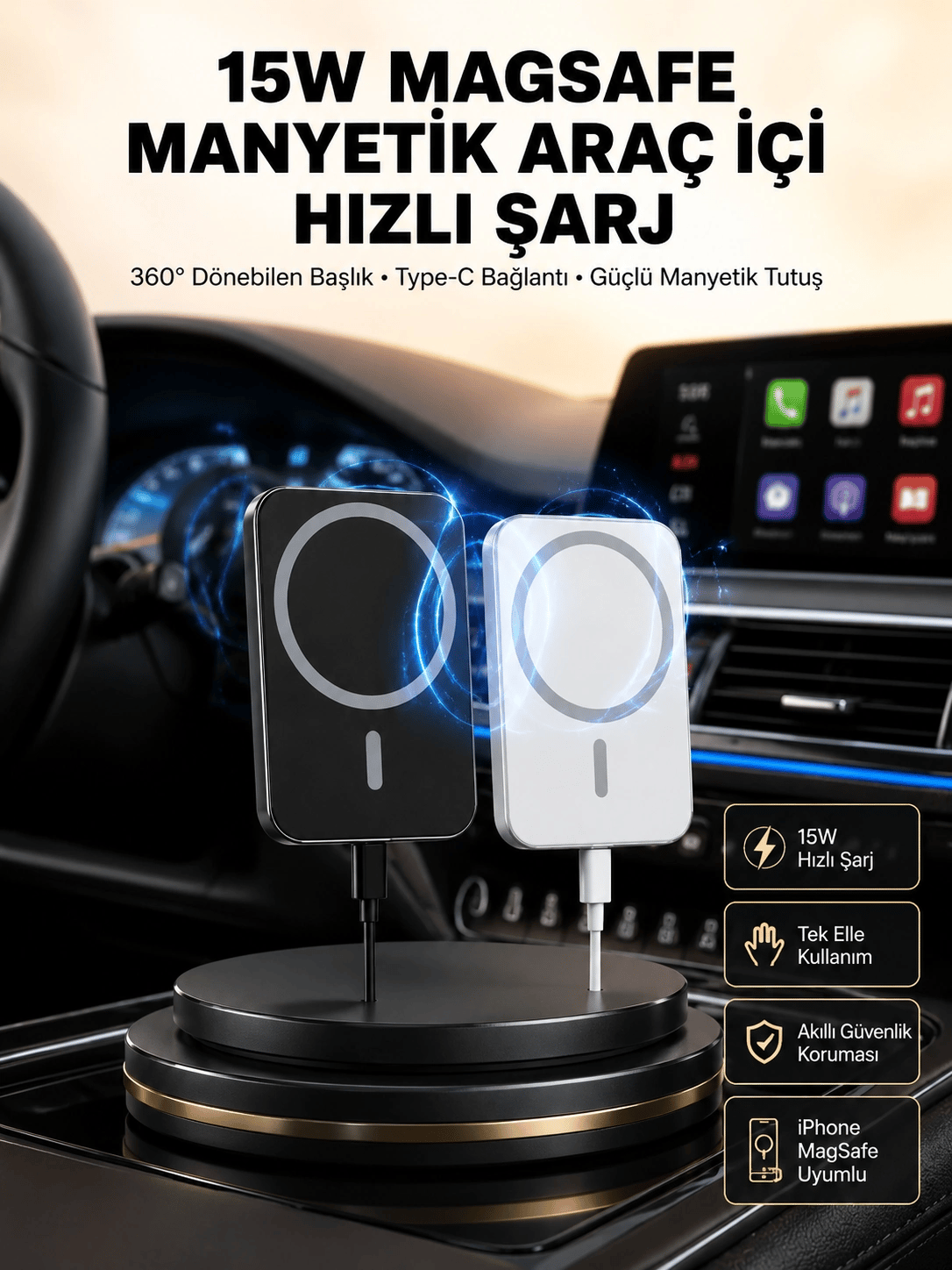 15W Kablosuz Şarj Destekli MagSafe Araç Tutucu Havalandırma Klipsli