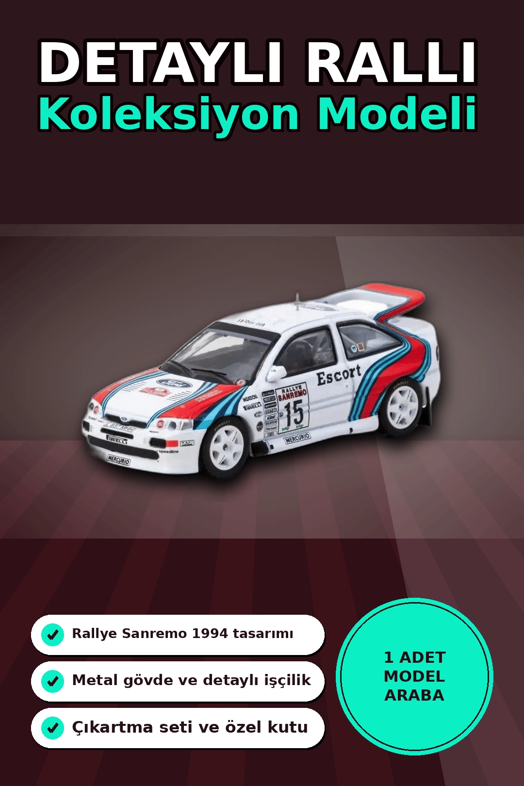 1/64 Metal Ford Escort RS Cosworth WRC 1994 Sanremo Maketi - Koleksiyonluk Model BX-313345