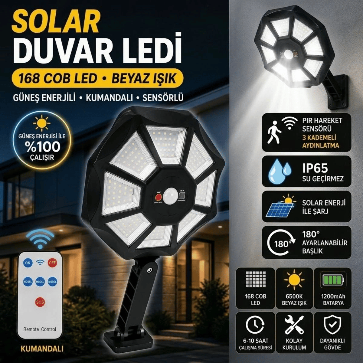 168b Solar Led Büyük Dış Mekân Lambası, Hareket Sensörlü, Kumandalı, 3 Modlu Ultra Parlak Cob Işık, Su Geçirmez Kablosuz Duvar Apliği Bx40