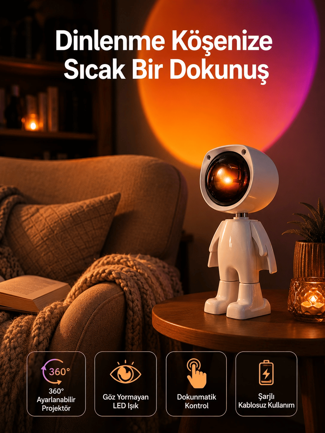 180 Derece Dönebilen Astronot Masa ve Gece Lambası Projektör