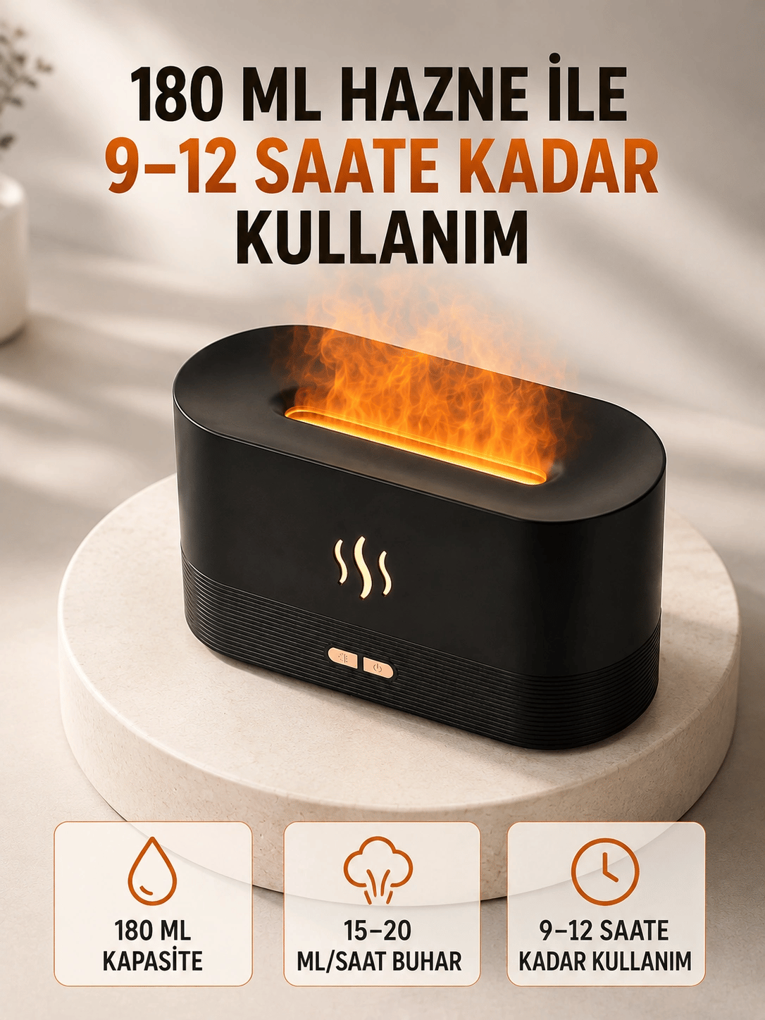 180 ML Alev Efektli Aroma Difüzörü Ultrasonik Buharlı Aromaterapi Cihazı