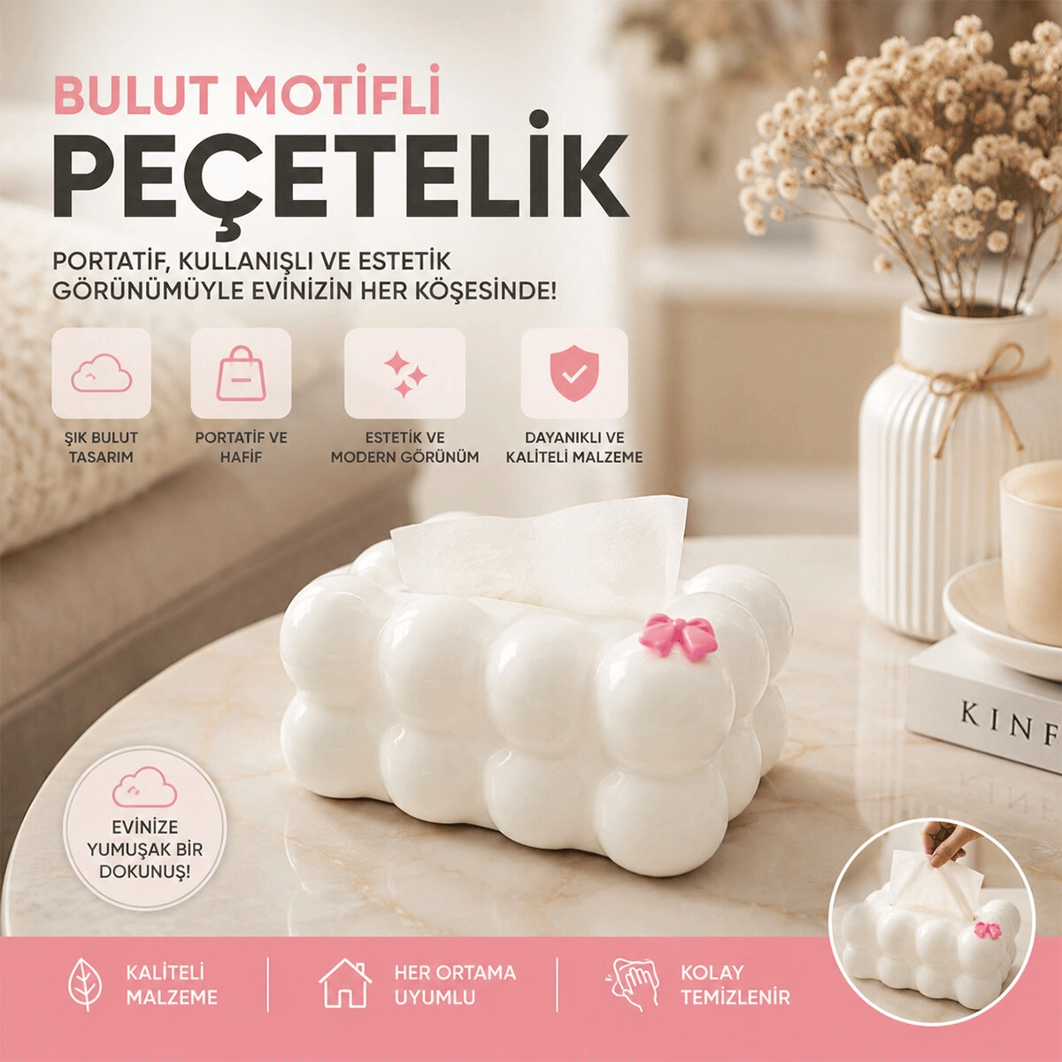 19x12.5x8.5cm Beyaz Yaylı Masaüstü Bubble Dekoratif Bulut Peçetelik Bx40