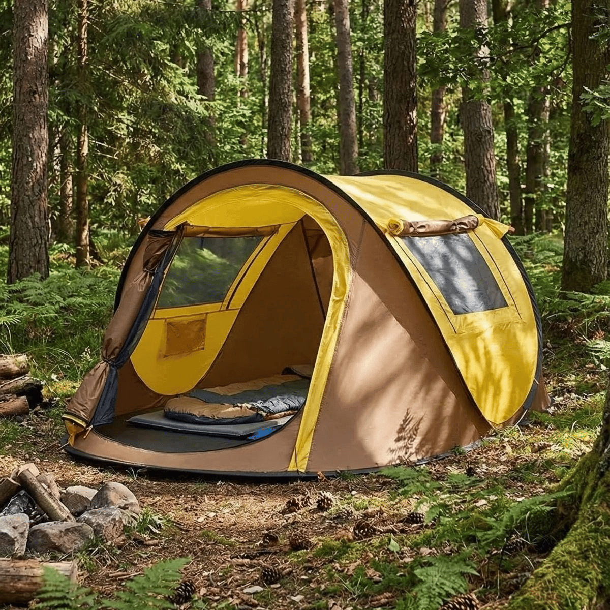 2 Kişilik Vagon Tipi Yarı Otomatik Kamp Çadırı – Çift Kapılı, Çift Pencereli, Hafif Taşınabilir Outdoor Doğa Çadırı 220x120x90 Cm Bx40