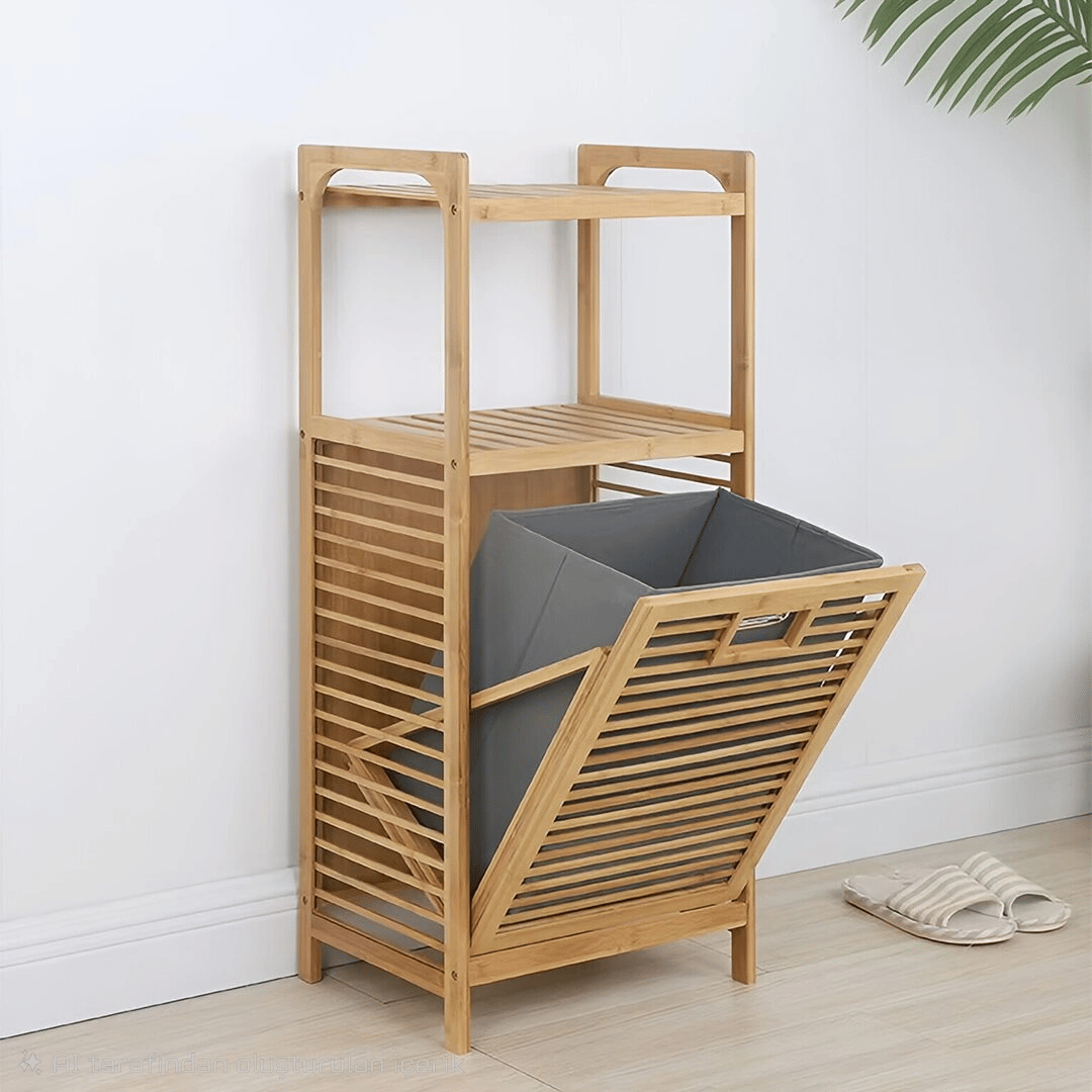 2 Organizer Raflı - Çek Aç Sepet Ahşap Bambu Kirli Çamaşır Sepet 40x35x95cm Bx40