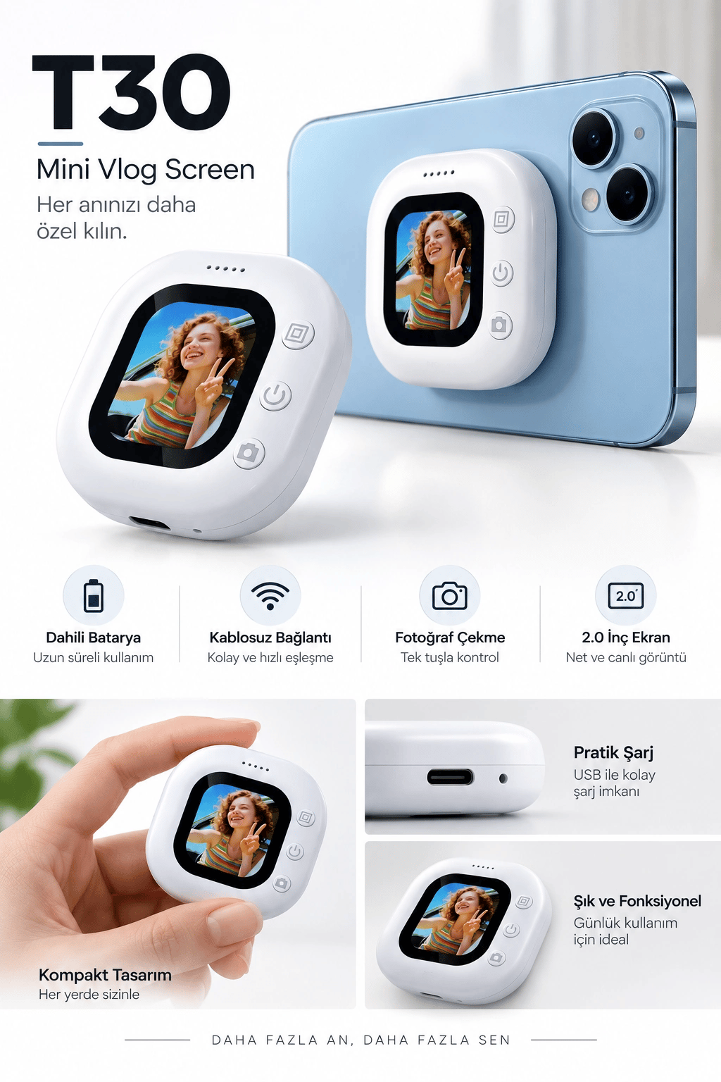 2.0 İnç Kablosuz Selfie Ekranı Dahili Bataryalı