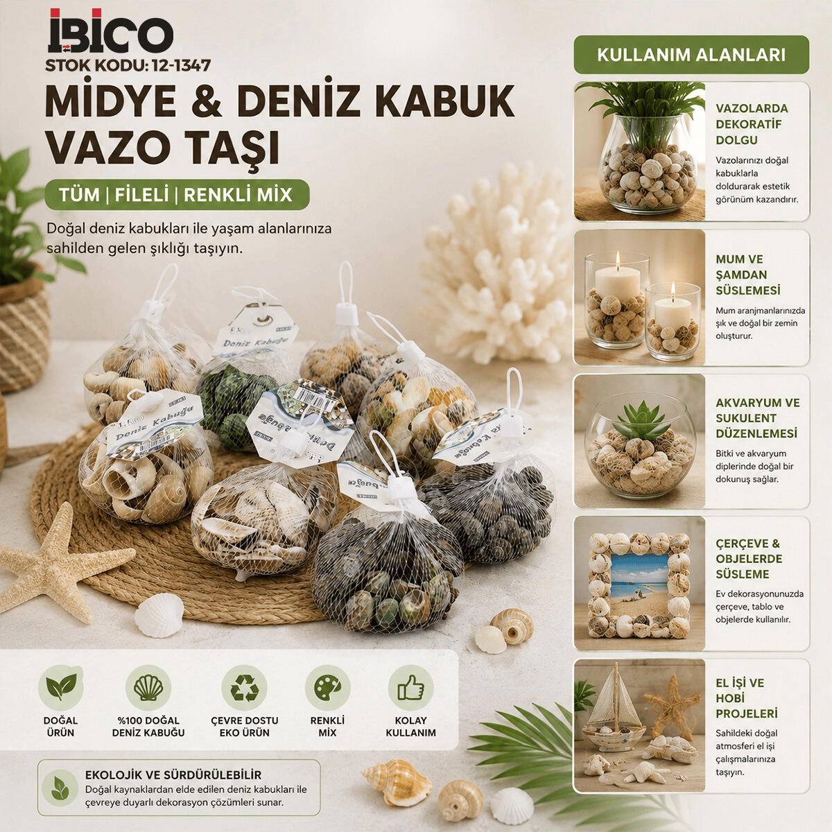 20 Adet Fileli Renkli Mix Eko Midye - Deniz Kabuk Vazo Taşı Bx40