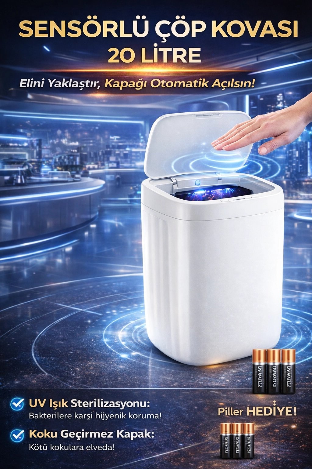 20 Litre El Algılayan Sensörlü Çöp Kovası