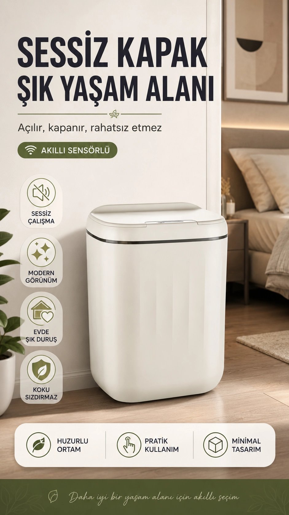 20 Litre Hacim Sensörlü Çöp Kutusu Hareket Algılayan Antibakteriyel