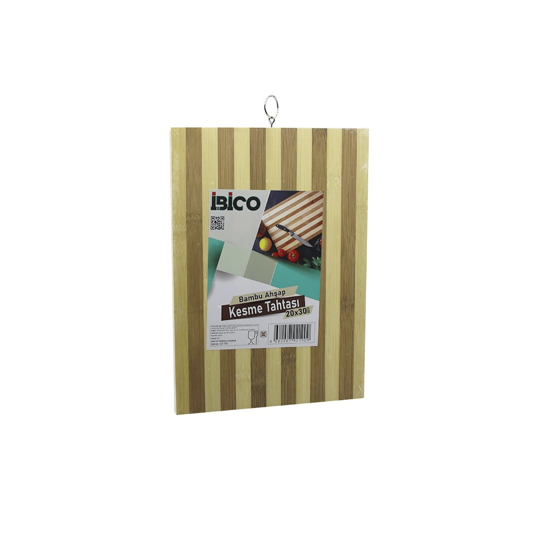 20 X 30 X 1.4cm  Beyaz Çizgili Ahşap Bambu Kesim Panosu - Kesme Tahtası Metal Kulplu Bx40