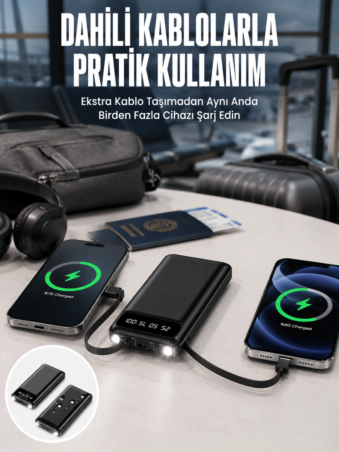 20.000 Mah Led Işıklı LCD Ekran USB Girişli Type-C Lightning Powerbank Yeni Nesil