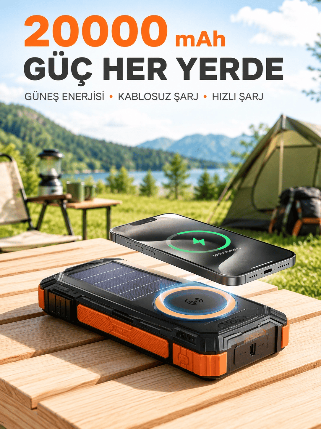 20000 mAh Powerbank Güneş Enerjili Kablosuz Şarj Hızlı Şarj Taşınabilir Batarya