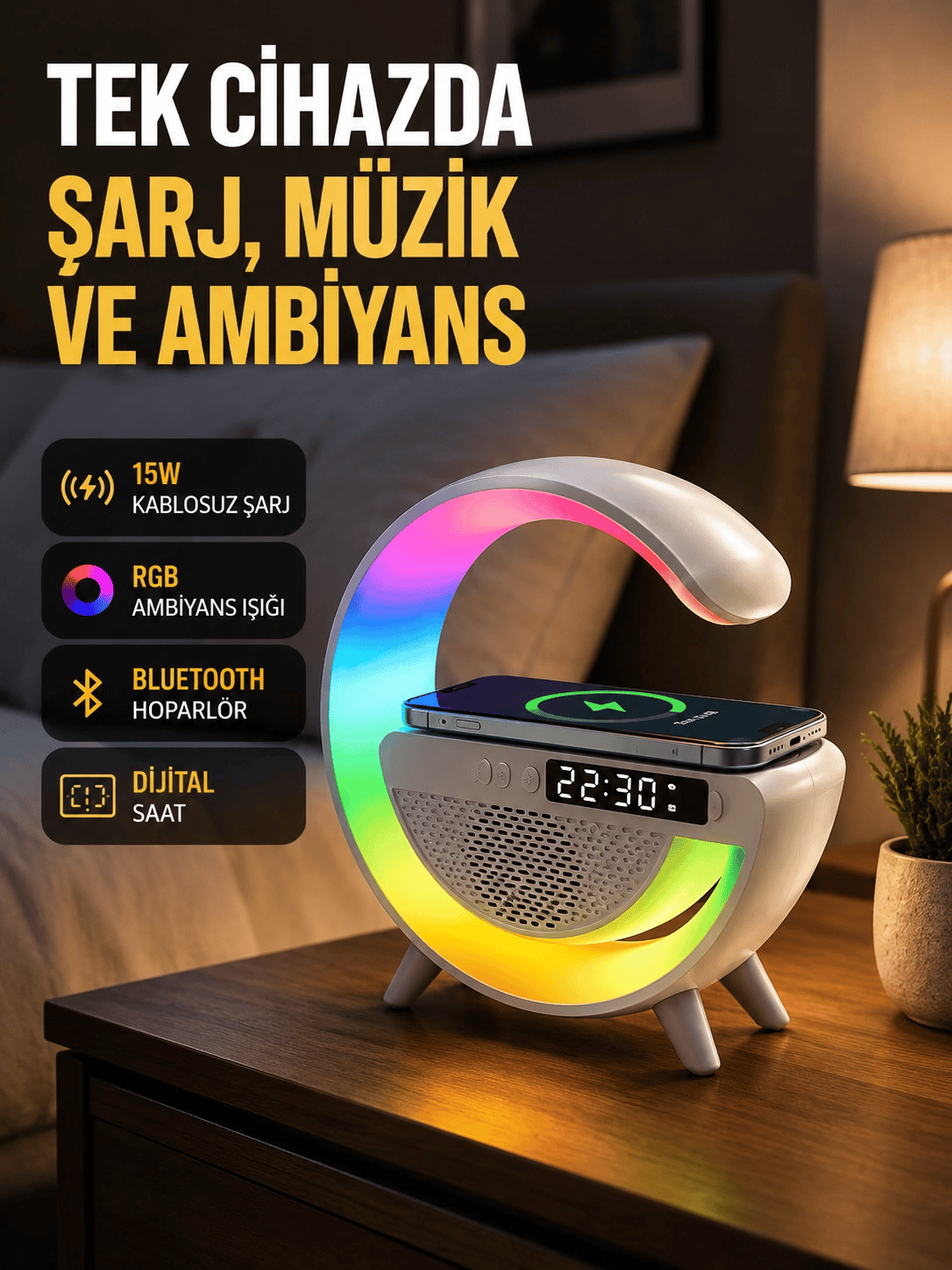 2025 Model 15W Kablosuz Şarjlı Renkli Atmosfer Lambası