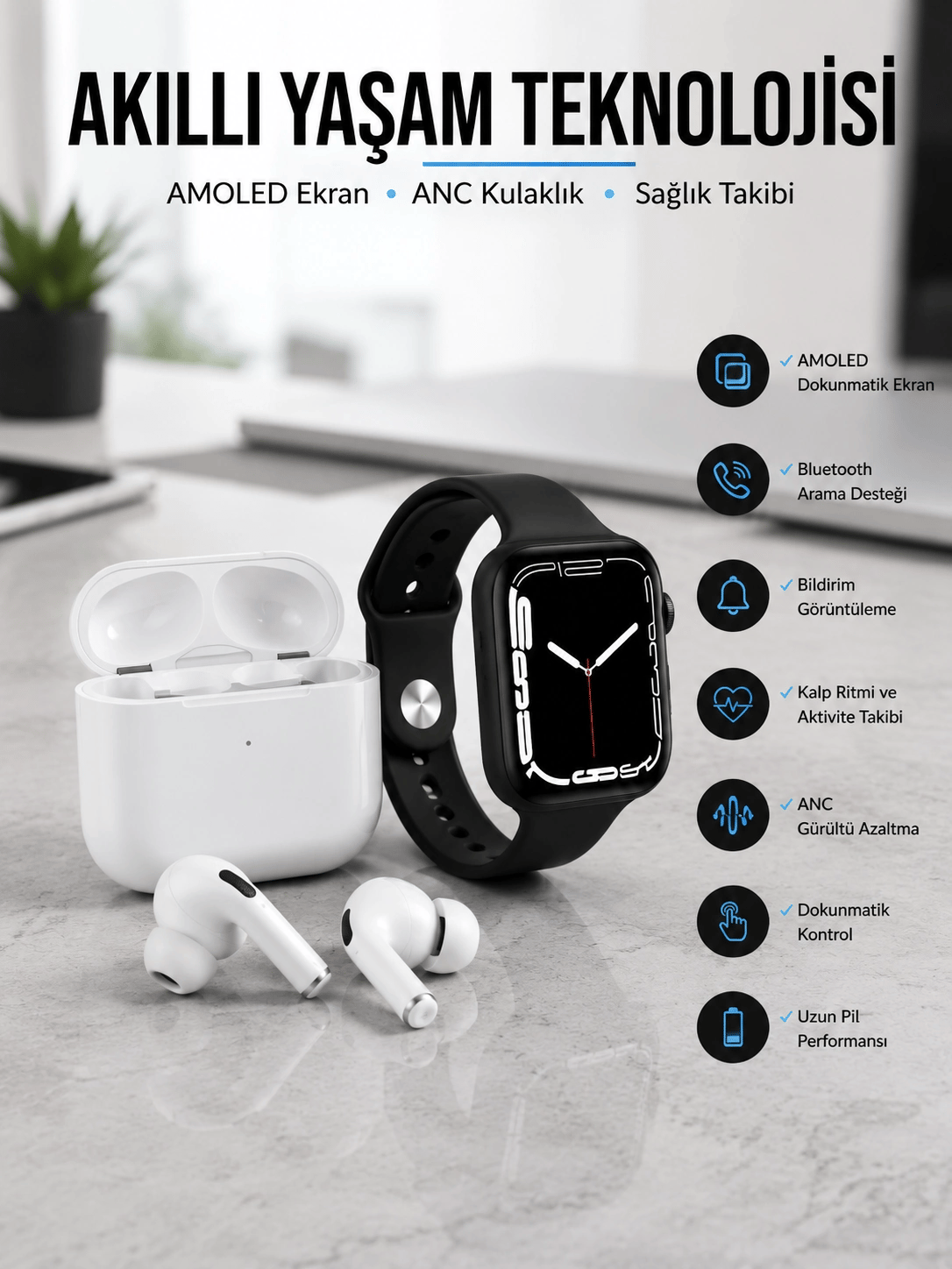 2025 Model Akıllı Saat ve Yeni Nesil Pro Bluetooth Kulaklık TWS Yüksek Ses Kaliteli