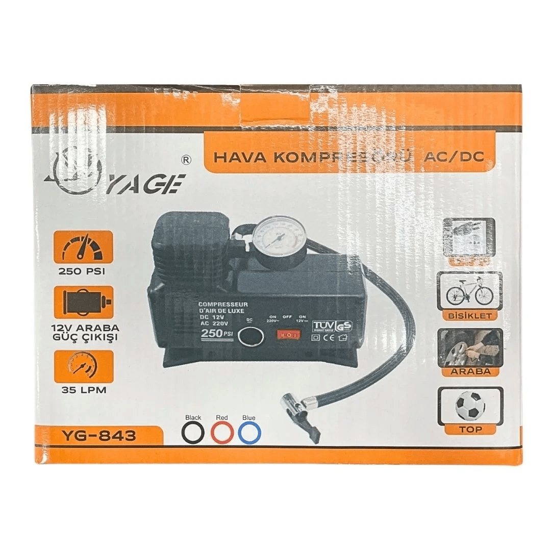 220 Volt-12 Volt 250 Psi Kompresör Lastik Hava Şişirme Oto Pompası Fişli Ve Çakmaklı Yage-843 Bx40