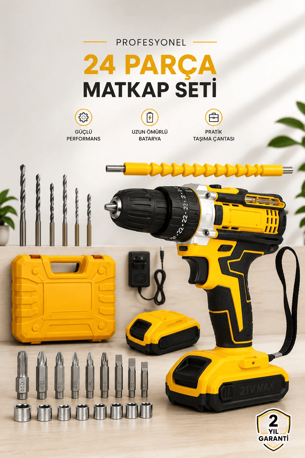24 Parça Çift Bataryalı Şarjlı Matkap Seti 24W Motor ve Otomatik Mil Kilitli Tasarım
