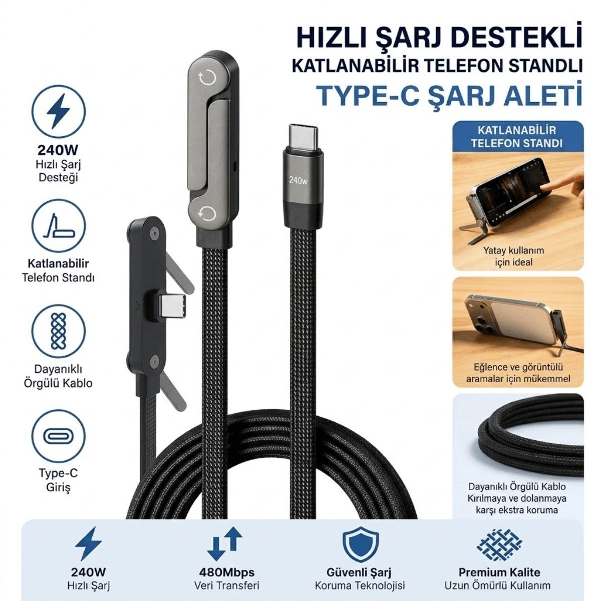 240w Hızlı Şarj Destekli Katlanabilir Telefon Standlı Örgülü Type-c To Type-c Şarj Kablosu Bx40