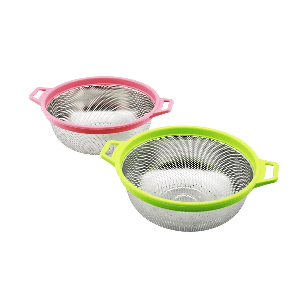 24cm Renkli Plastik Çerçeve - Kulplu Çelik Sepet Metal Süzgeç Bx40