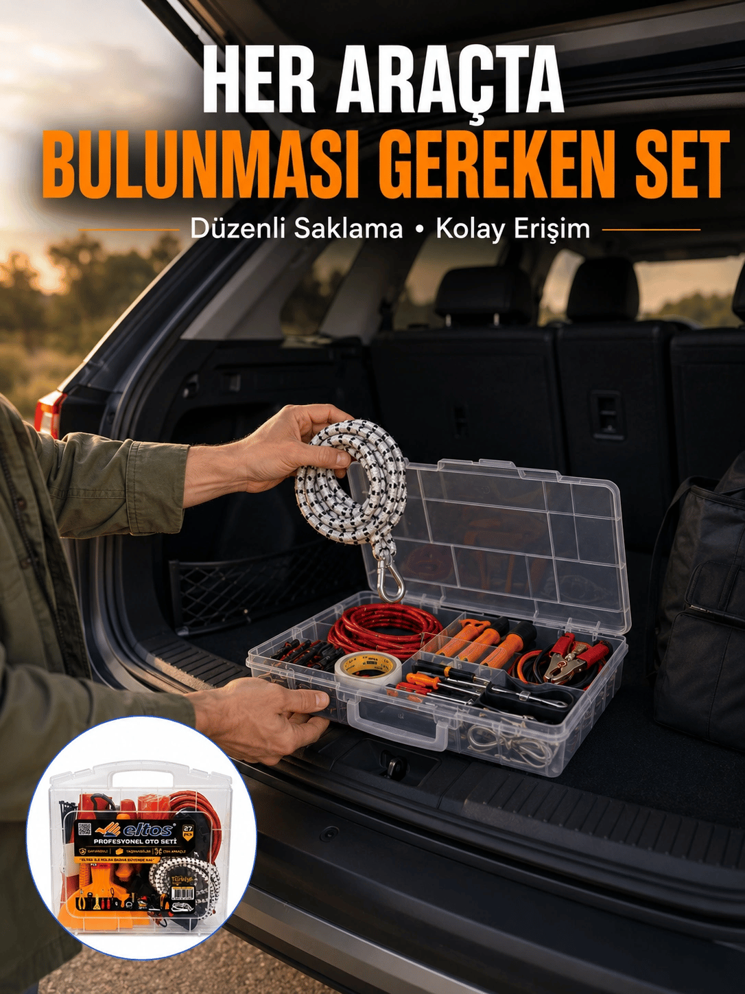 27 Parça Oto Güvenlik ve Bakım Seti Şeffaf Taşıma Kutulu Araç Ekipman Çantasız