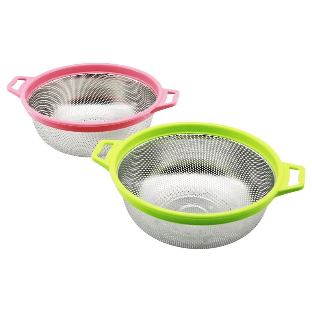 27cm Renkli Plastik Çerçeve - Kulplu Çelik Sepet Metal Süzgeç Bx40