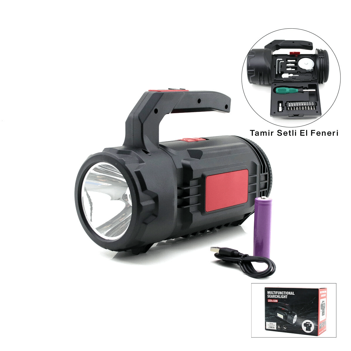 2in1 19pcs = Tamir - Hırdavat Seti El Fener - Projektör Led + Cob Usb - Type-c - Pil Şarjlı Hs-310 Bx40