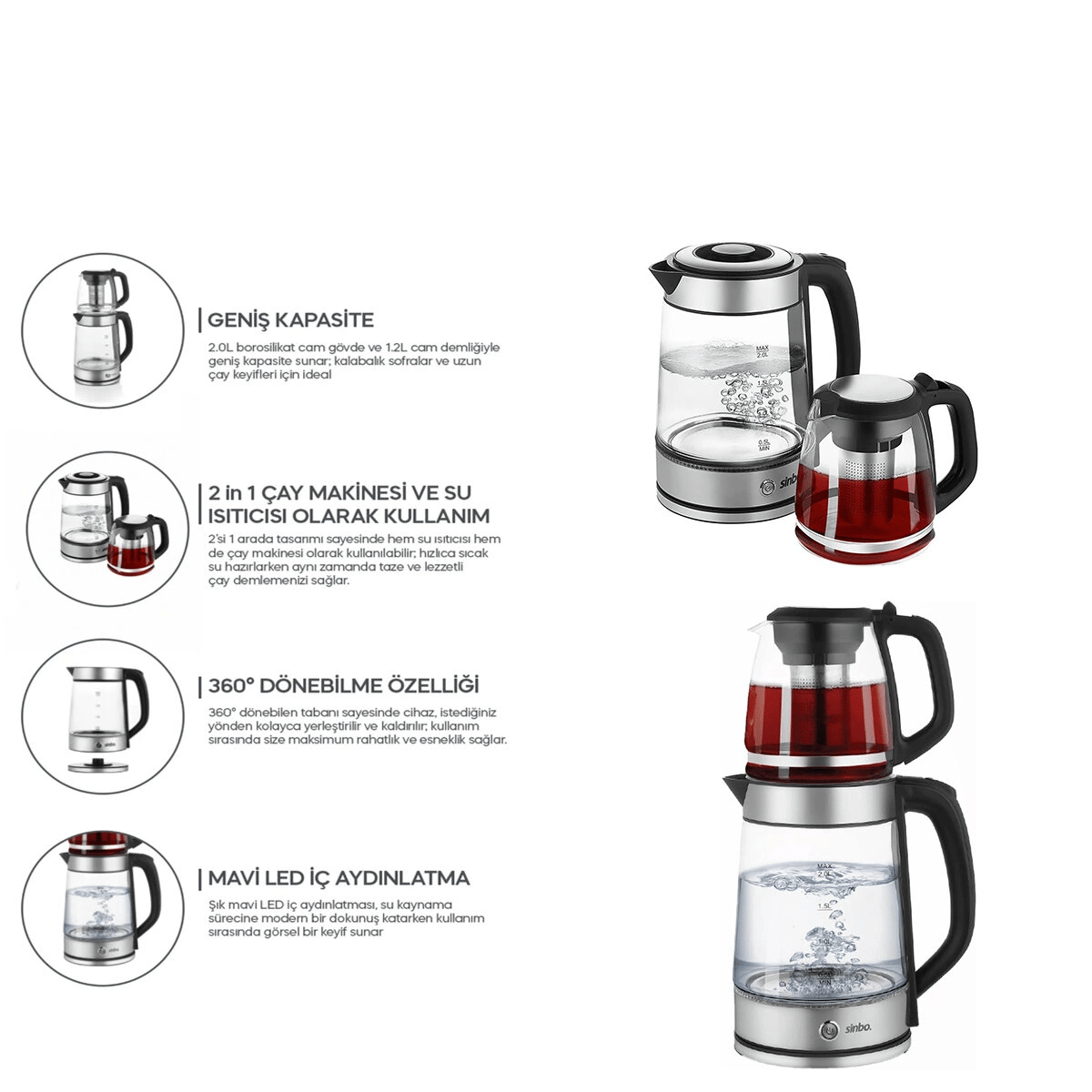 2in1= Çaycı - Kettle Çelik Elektrikli Çay Makinesi 2lt + 1,2lt Çay Süzgeçli 360° Dönebilir Stm-5990 Bx40