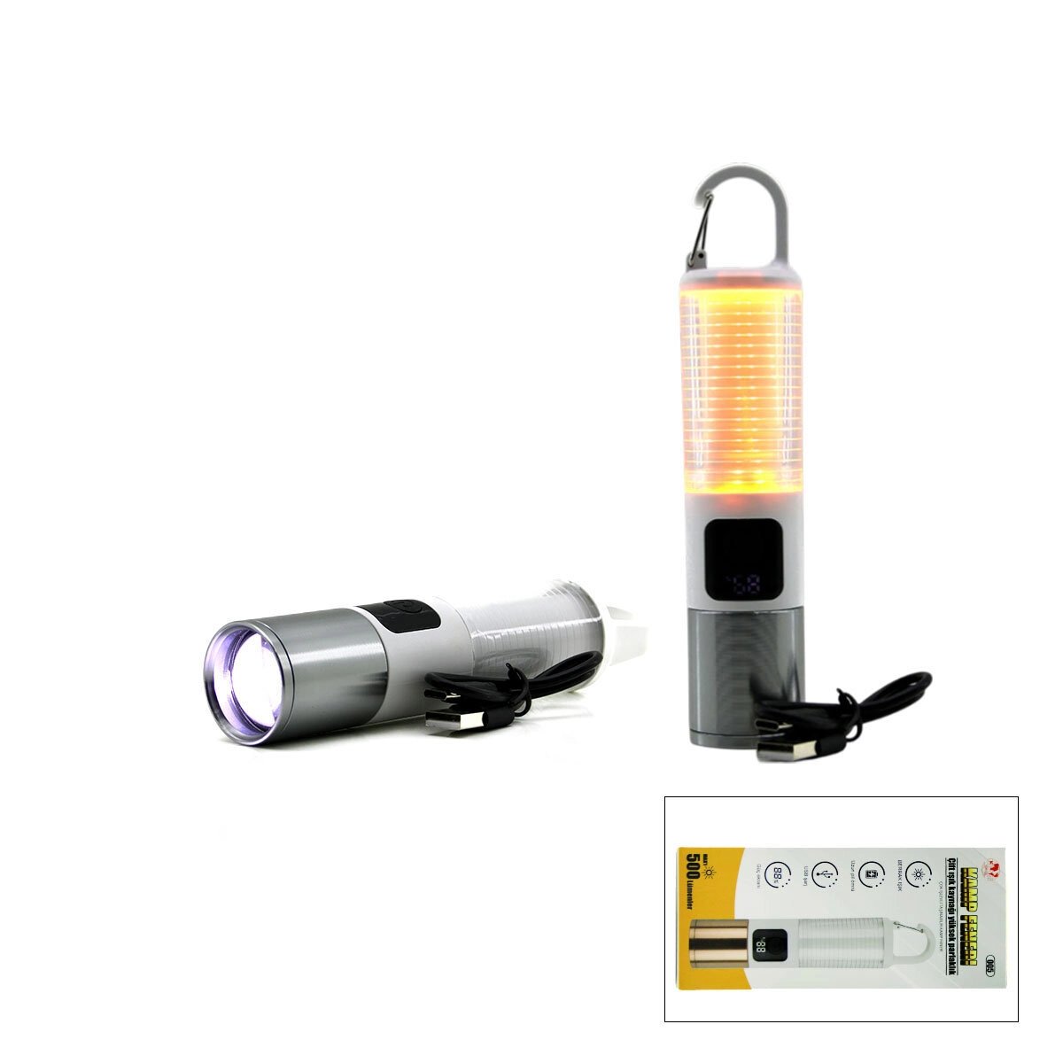 2in1 Kamp - Çok Amaçlı El Feneri Usb Şarjlı Zoom 6 Fonksiyon Işık=doğal - Renkli Askı Mandalı Şarj Göstergesi 005 Bx40