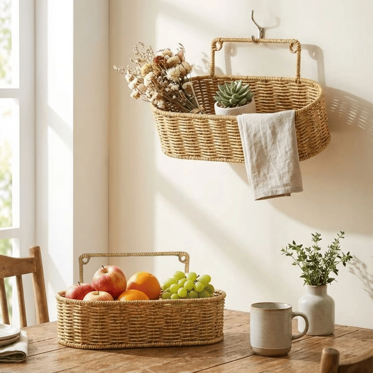 2’li Duvar Askılı Plastik Rattan Organizer – Oval Hasır Görünümlü Mutfak Raf Sepeti, Banyo Ve Ev İçi Düzenleme Ünitesi Bx40