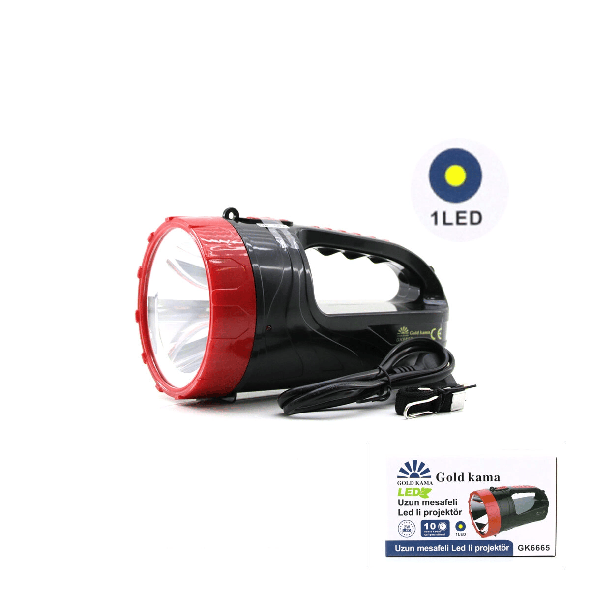 2w Tek Ledli El Feneri Projektör Fiş Şarjlı 2 Kademe Işık Ayarı Gk-6665 Bx40
