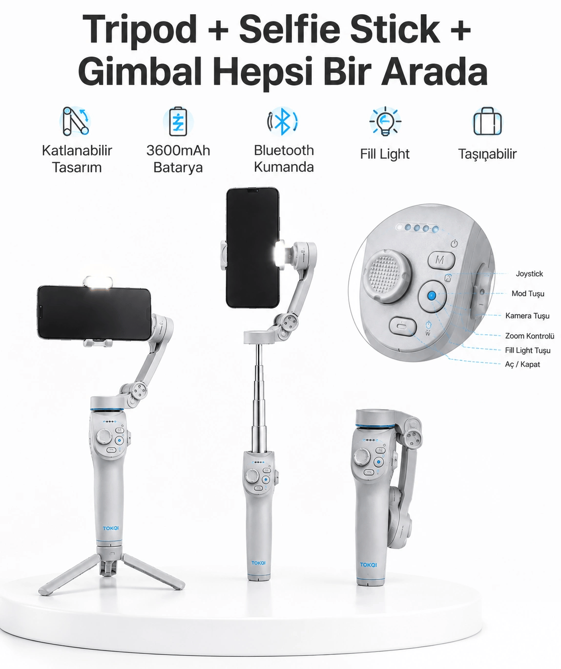 3 Eksen Telefon Gimbal Stabilizer Yapay Zeka Takipli Katlanabilir Dahili Dolgu Işıklı Video Sabitleyici