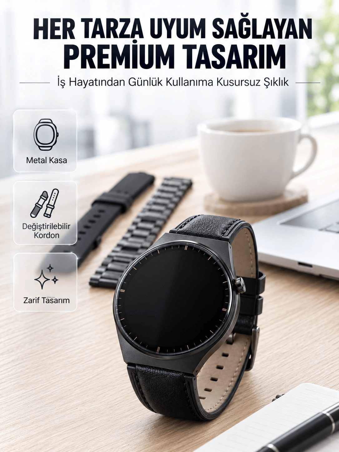 3 Kordonlu AMOLED Ekran Bluetooth Aramalı Akıllı Saat Metal, Deri ve Silikon Kordon Seti