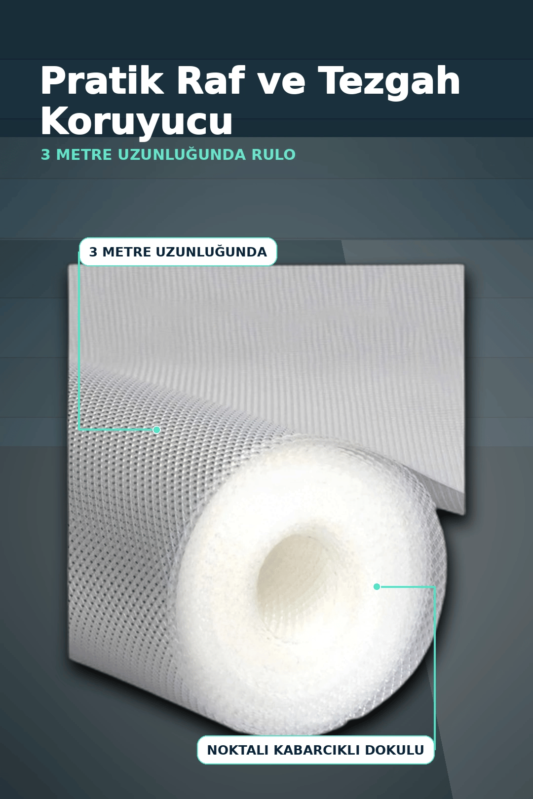 3 Metre Kalın Dokulu Şeffaf Raf Örtüsü ve Su Tutucu Tezgah Koruma Matı