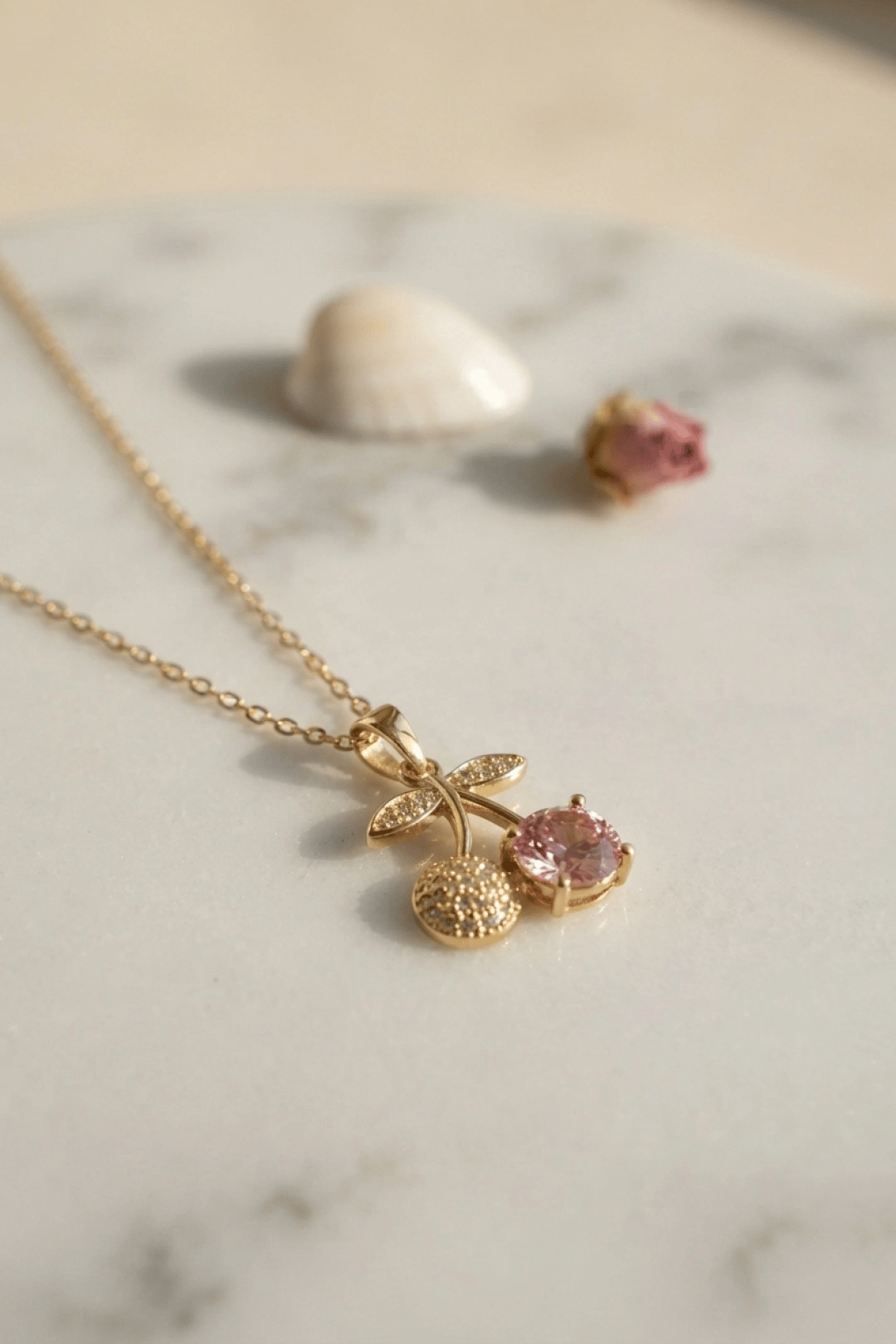 316L Çelik Zincir Gold Renk Pembe Kiraz Model Kolye
