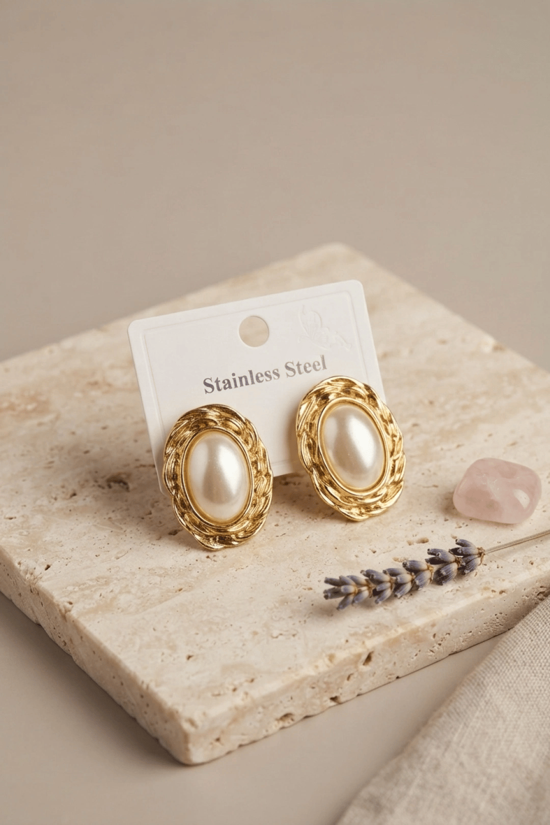 316L Gold Renk Gold Renk Vintage Beyaz İncili Model Küpe