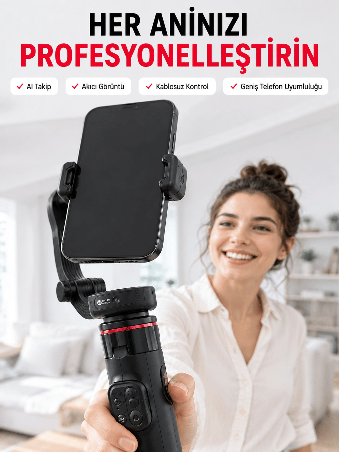 360° AI Akıllı Takipli Selfie Stick Gimbal Stabilizatör Bluetooth Kumandalı Uzayabilir Telefon Tripodu