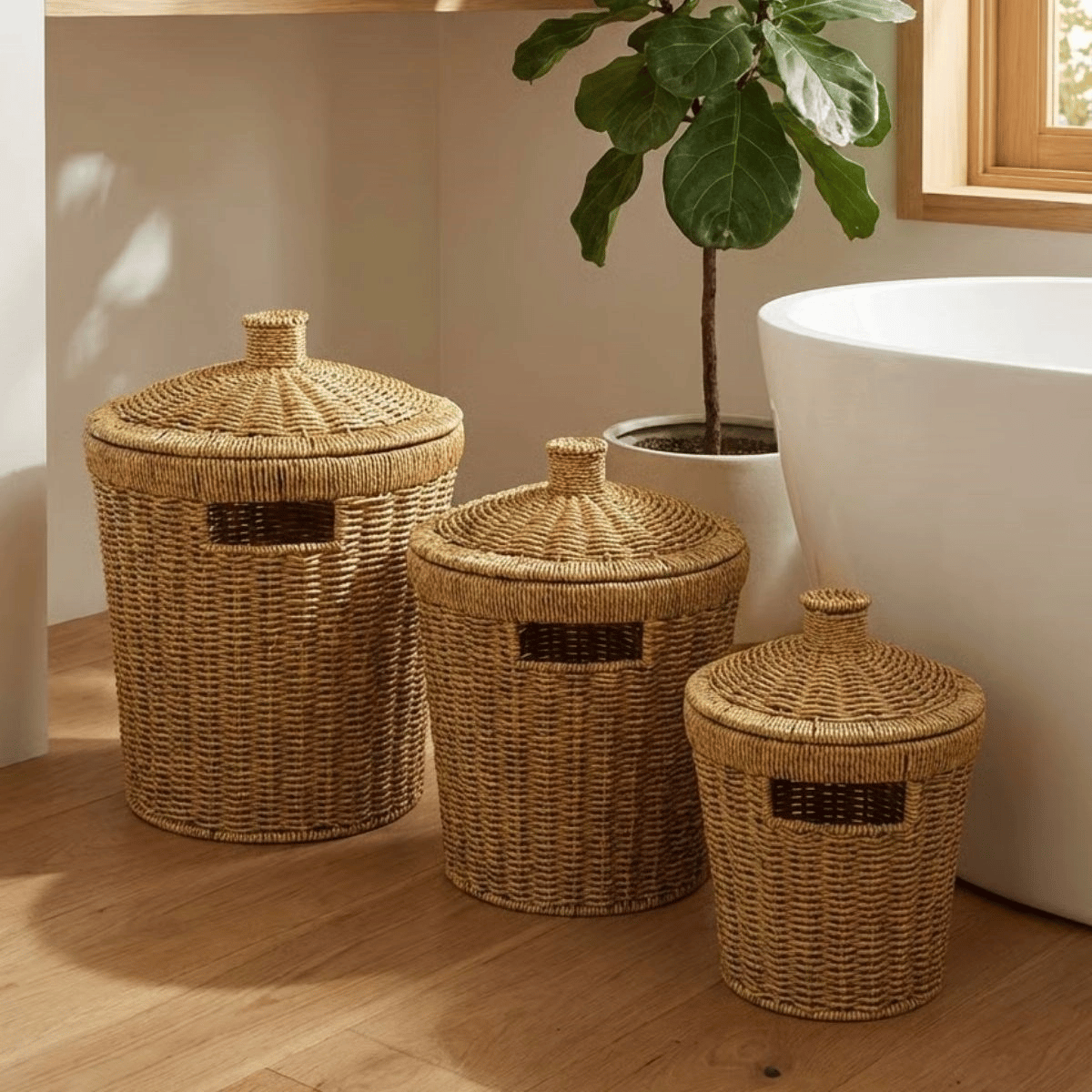 3’lü İç İçe Geçebilen Büyük Plastik Rattan Hasır Sepet Seti-dayanıklı Çok Amaçlı Ev,banyo Ve Mutfak Düzenleyici Bx40