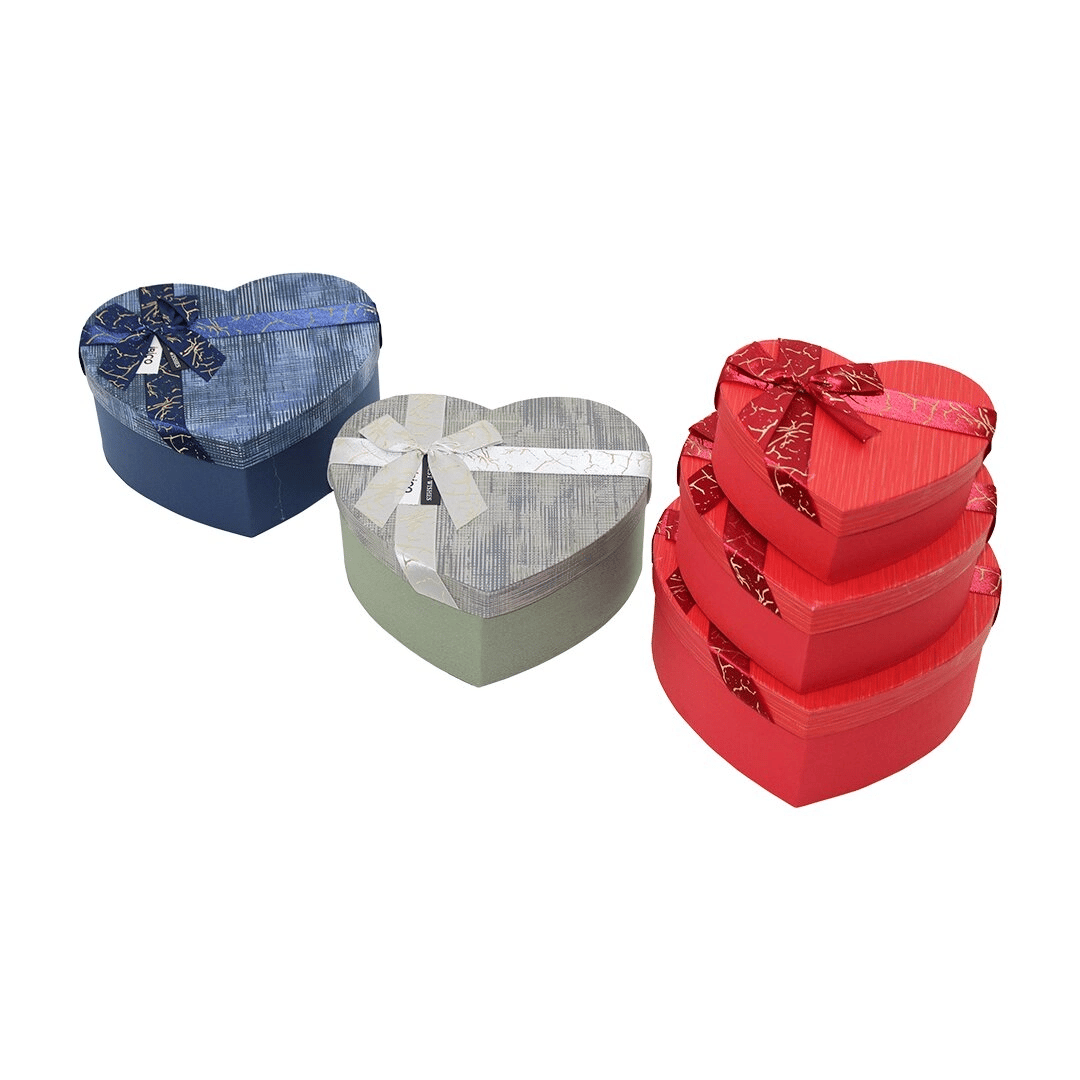 3pcs Kalp Çizgili Mix Renkli - Kabartma Desen Karton Hediye Kutusu Kurdelalı 22x20-19x17-16x14cm Bx40