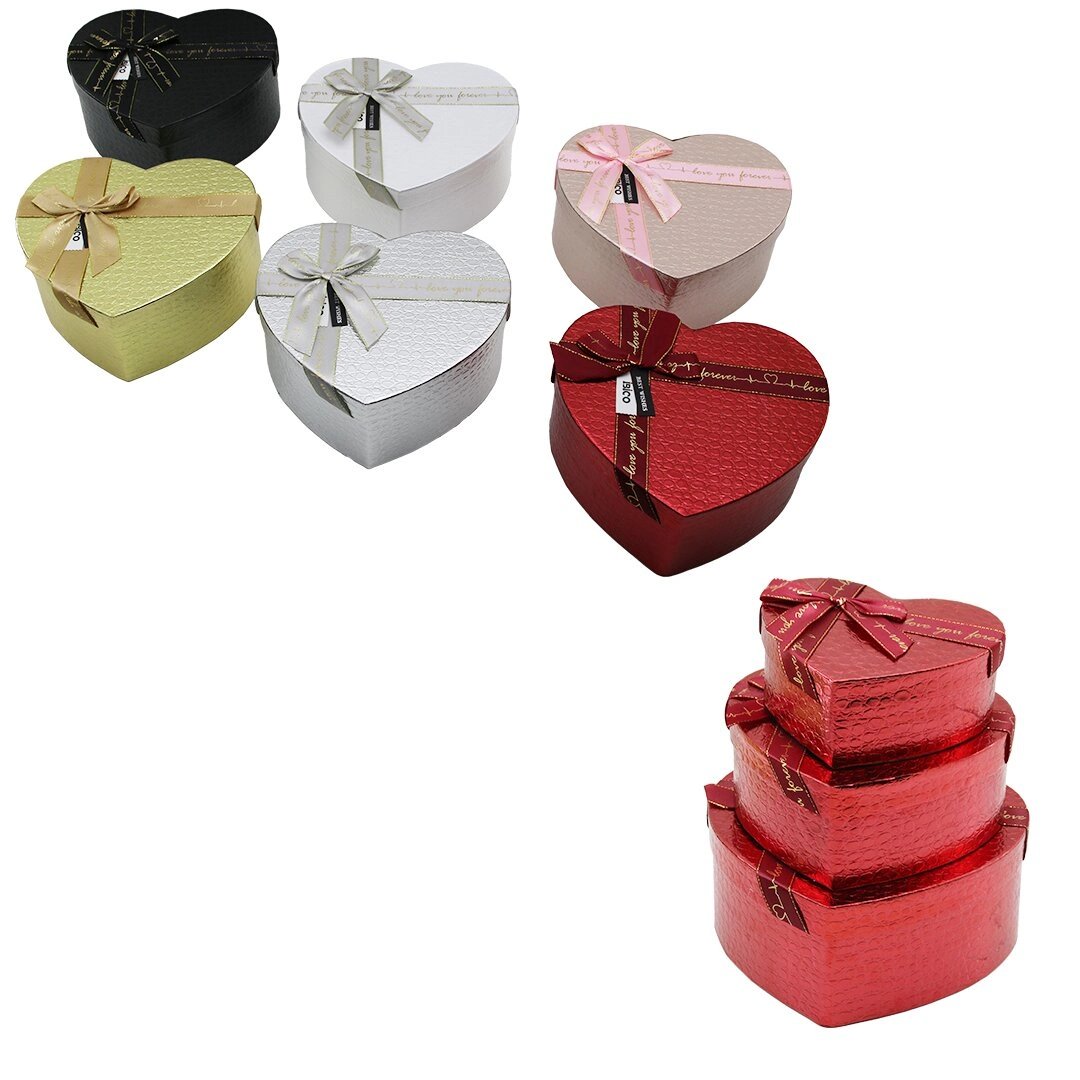3pcs Kalp Parlak Mix Renkli - Kabartma Desen Karton Hediye Kutusu Kurdelalı 22x20-19x17-16x14cm Bx40
