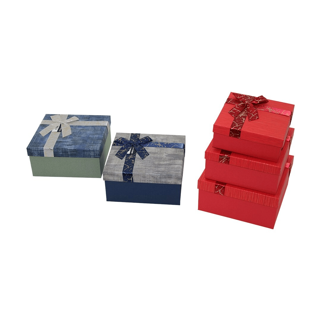 3pcs Kare Çizgili Mix Renkli Karton Hediye Kutusu Kurdelalı 19-17-15cm Bx40