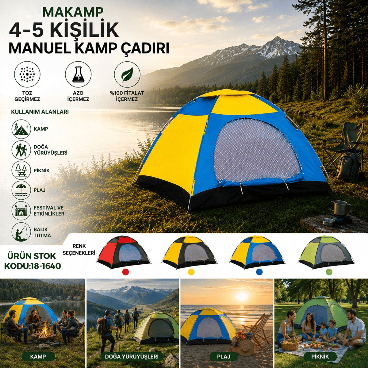 4-5 Kişilik Toz Geçirmez 200cmx200cmx135cm Manuel Kamp Çadır Herhangi Bir Renk Gönderilir Bx40