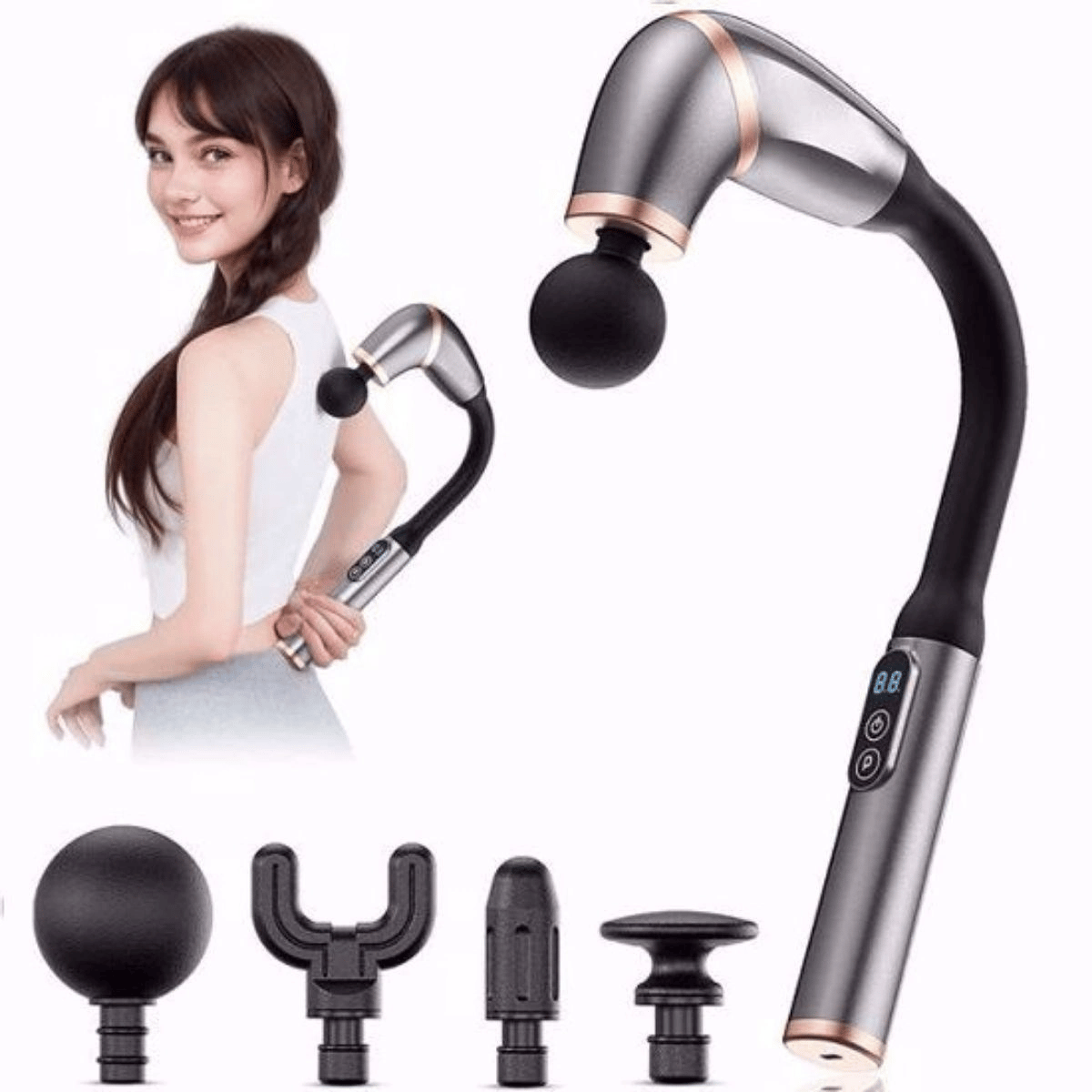 4 Farklı Başlıklı Uzun Saplı Derin Doku Masaj Tabancası, Boyun, Omuz Ve Sırt İçin Ergonomik Saplı Çoklu Masaj Modlu Taşınabilir Masaj Aleti Bx40