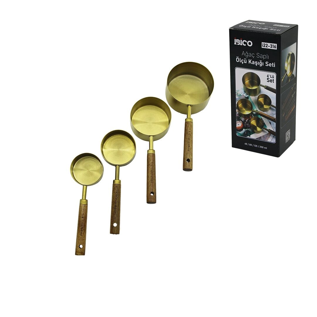 4 Pcs Gold Metal Ölçü Kaşık Seti Otantik Ağaç Kulp 250ml - 125ml - 80ml - 60ml Bx40