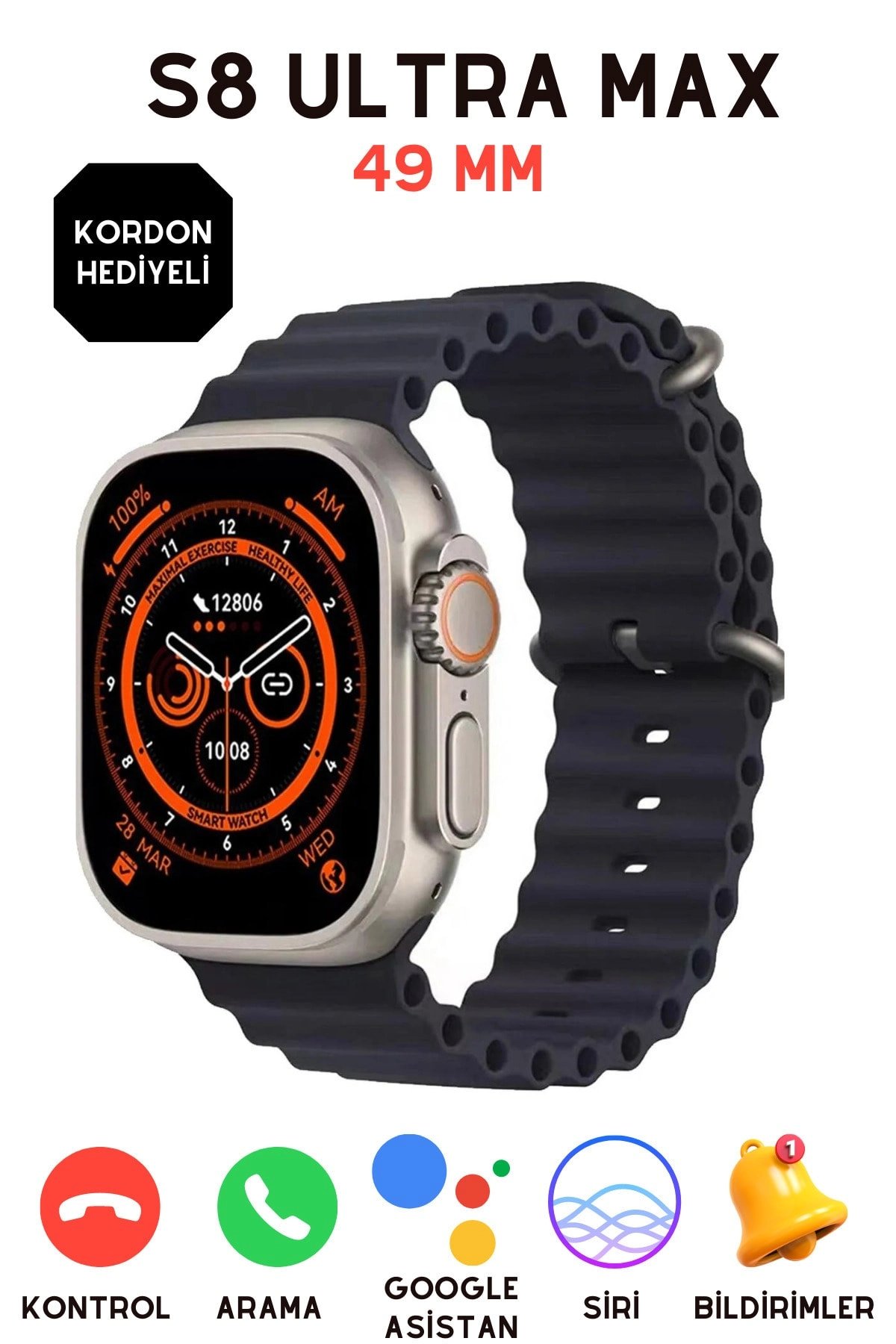 49mm Ekranlı, Nabız ve Uyku Takibi Yapabilen, Suya Dayanıklı Akıllı Saat - Siyah Silikon Kordon