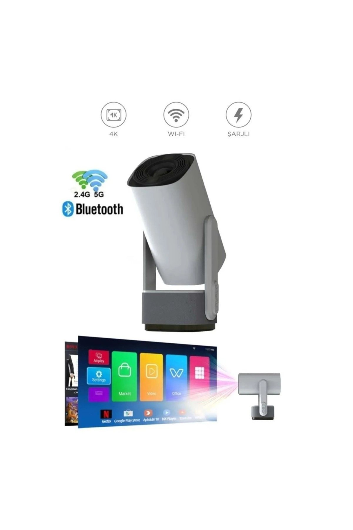 4K Destekli, Dahili Powerbank Özellikli Taşınabilir LED Projeksiyon Cihazı, Kablosuz Bağlantılı