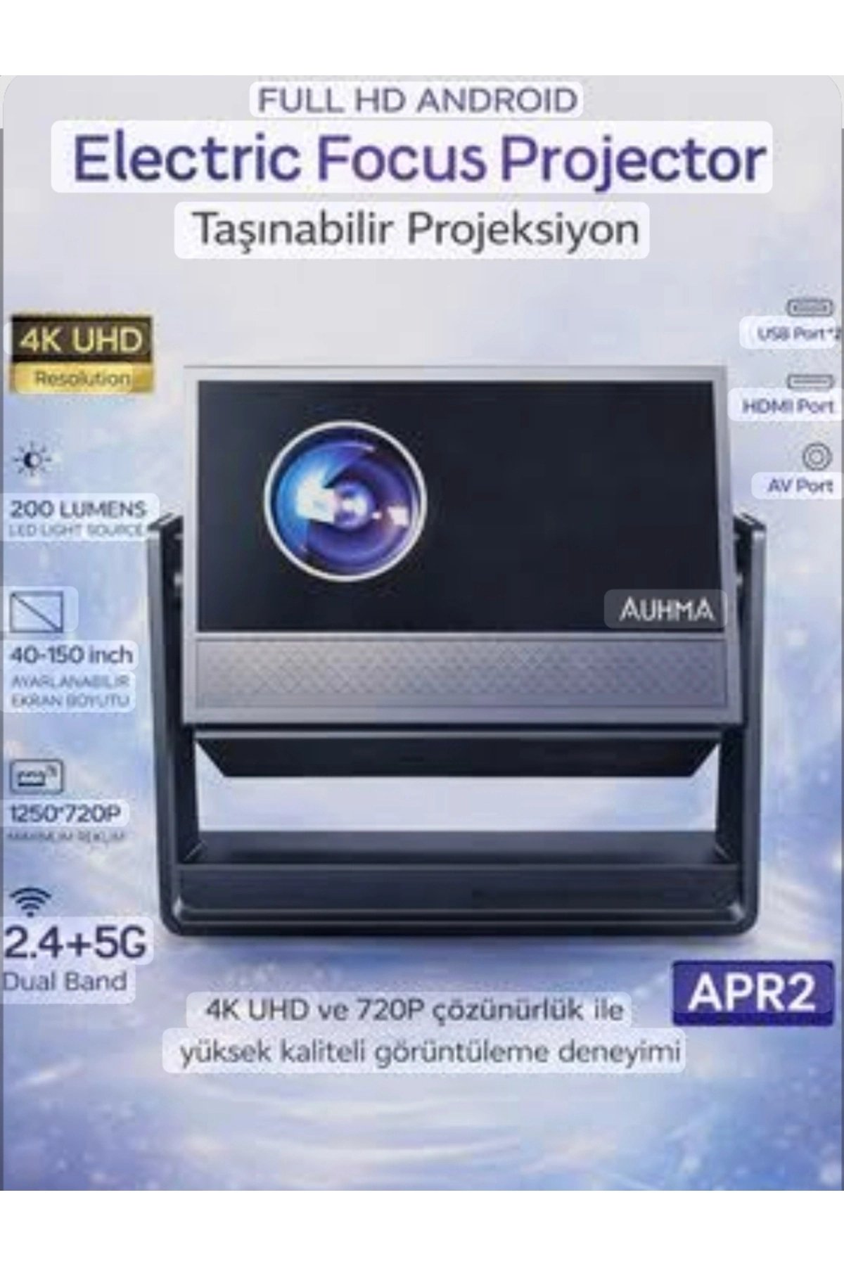 4K lazer projeksiyon cihazı 1280x720 çözünürlük 3000:1 kontrast Wi-Fi USB HDMI metalik