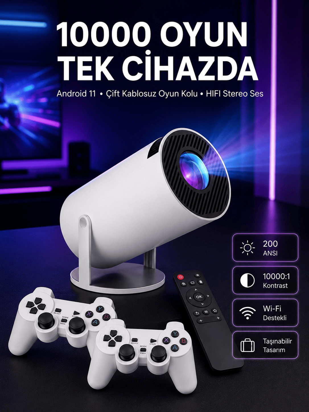 4K Wireless Çift Kollu Kumandalı Oyun Projeksiyonu Retro Video Oyunu Yeni Nesil