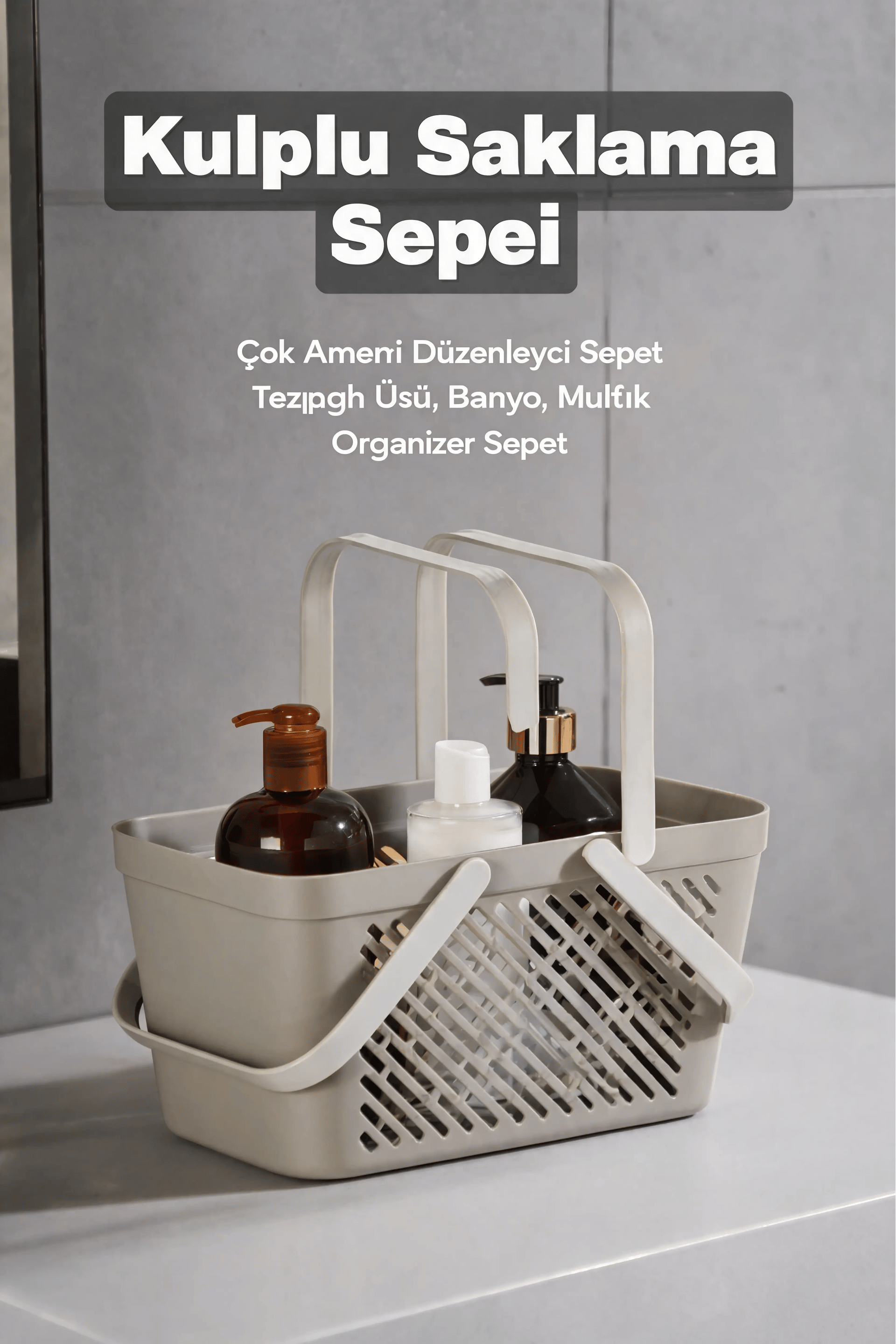 4'lü Gri Mutfak Düzenleyici Kulplu Sepet Banyo Çamaşır Organizer Seti