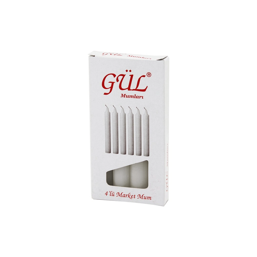 4pcs - İnce   Çap=1.6cm - Uzunluk=12cm   Beyaz Klasik  Market Mum Bx40