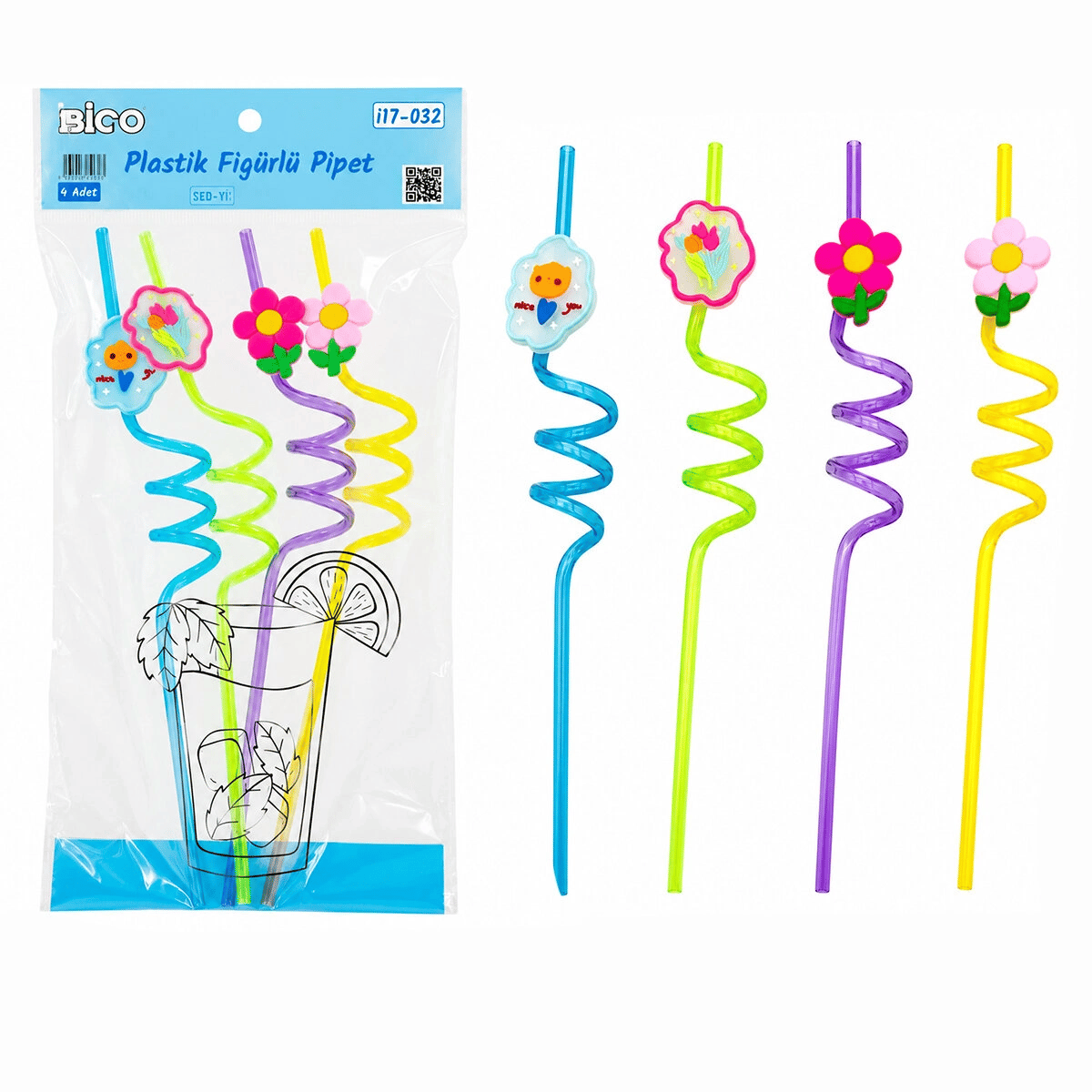 4pcs Kıvrımlı - Renkli Plastik Pipet Figürlü=mix Bx40
